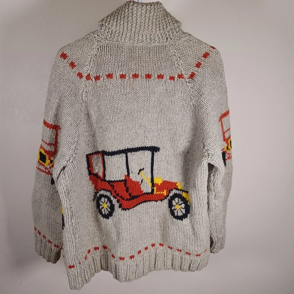 Vintage Handmade Cowichan Mid Century Woven Wool‎ Sweater Shawl Zip Cars Racing
